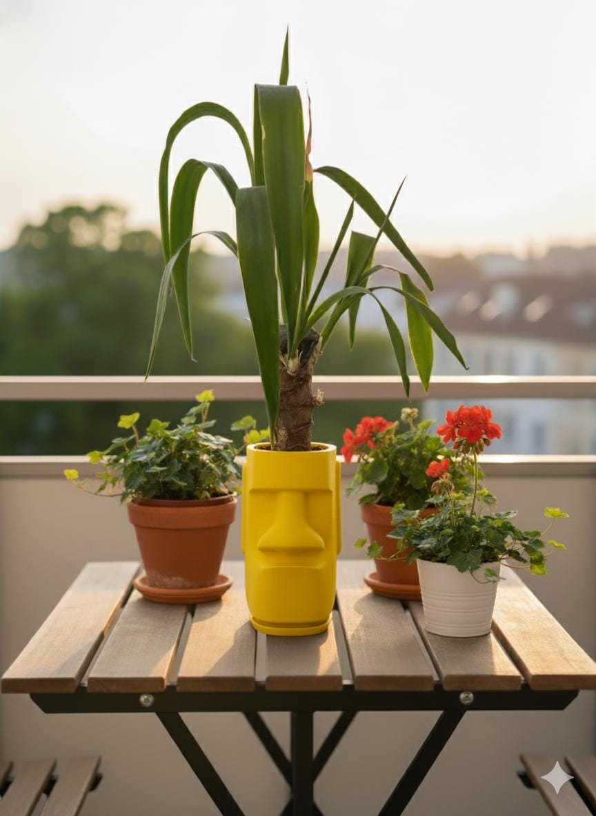 Moai Kafası Saksı – Gizli Damlama Tepsili Modern Yüz Çiçeklik