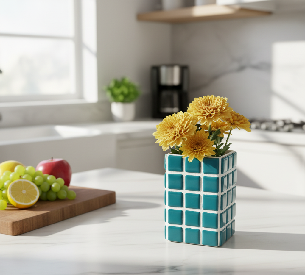 El Yapımı Mozaik Vazo – Renkli Geometrik Desenli Vazo