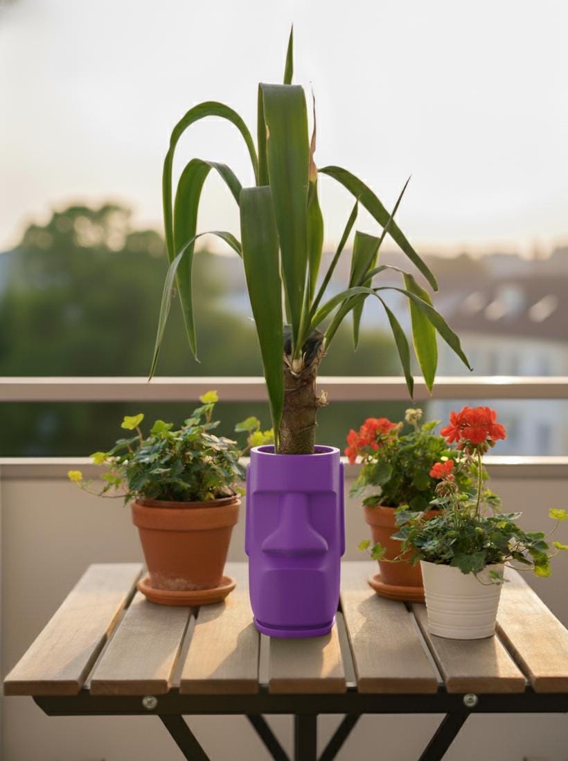 Moai Kafası Saksı – Gizli Damlama Tepsili Modern Yüz Çiçeklik