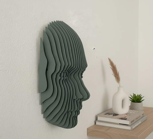 Parametrik Ahşap Yüz Duvar Dekoru – 3D Katmanlı Geometrik | Modern El Yapımı Duvar Sanatı