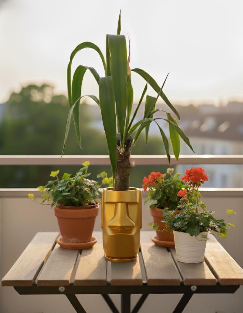 Moai Kafası Saksı – Gizli Damlama Tepsili Modern Yüz Çiçeklik