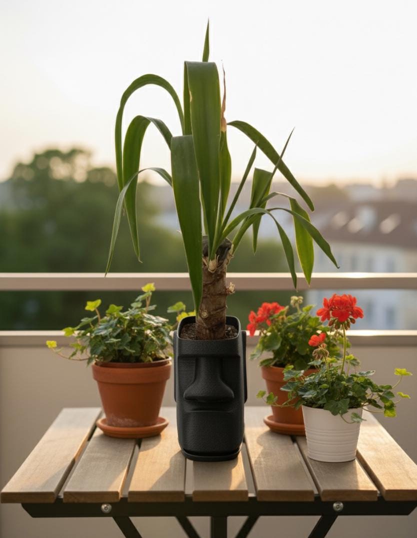 Moai Kafası Saksı – Gizli Damlama Tepsili Modern Yüz Çiçeklik