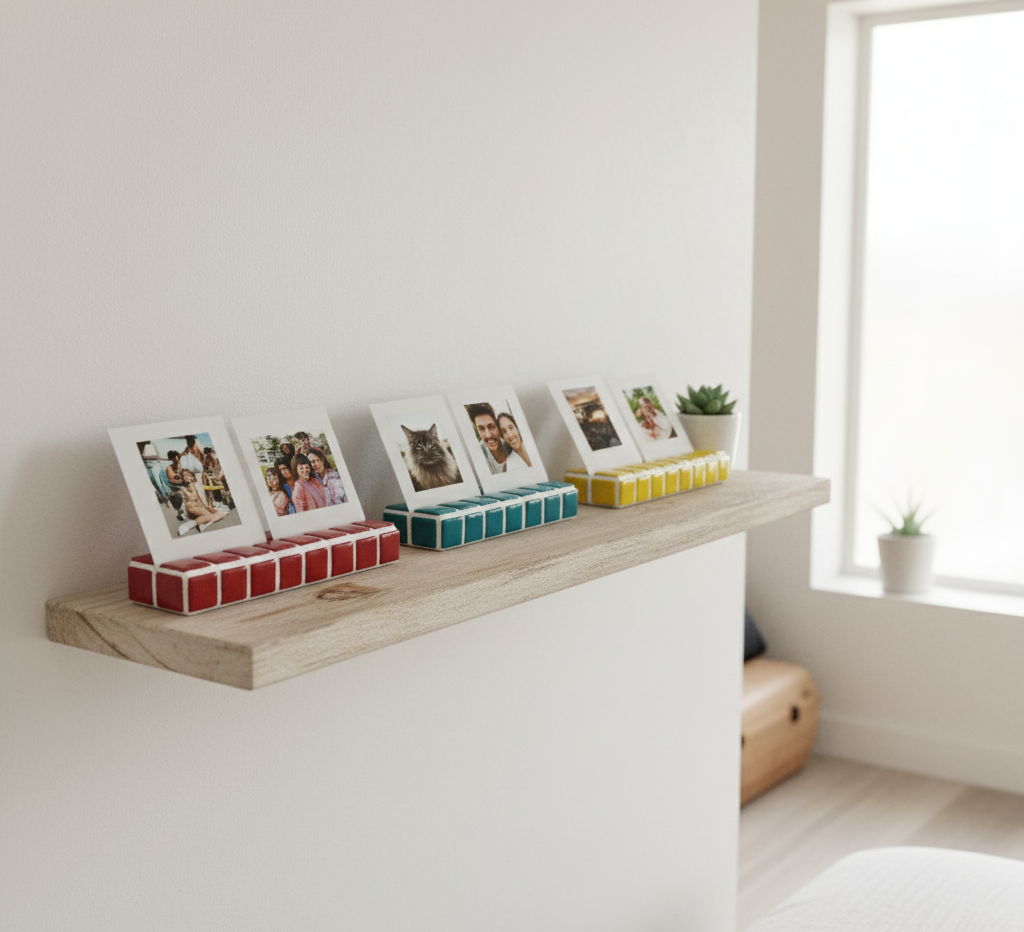 Tasarım El Yapımı Mozaik Fotoğraf Standı – Renkli Polaroid & Instax Sergileme