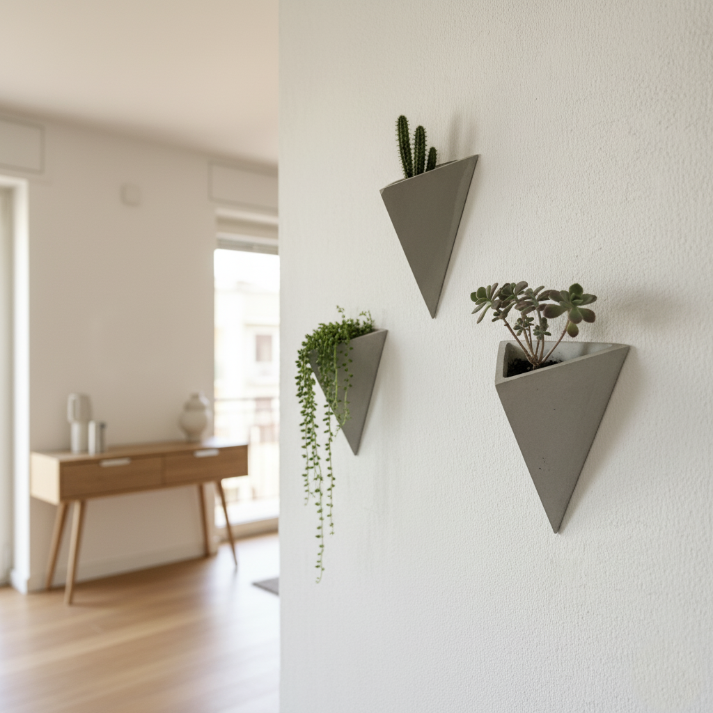 Üçlü Üçgen Beton Duvar Saksısı – Su Hazneli Modern Duvar Dekoru 20x25 cm