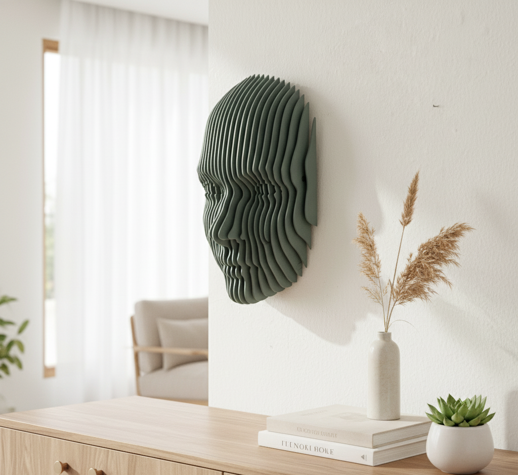 Parametrik Ahşap Yüz Duvar Dekoru – 3D Katmanlı Geometrik | Modern El Yapımı Duvar Sanatı