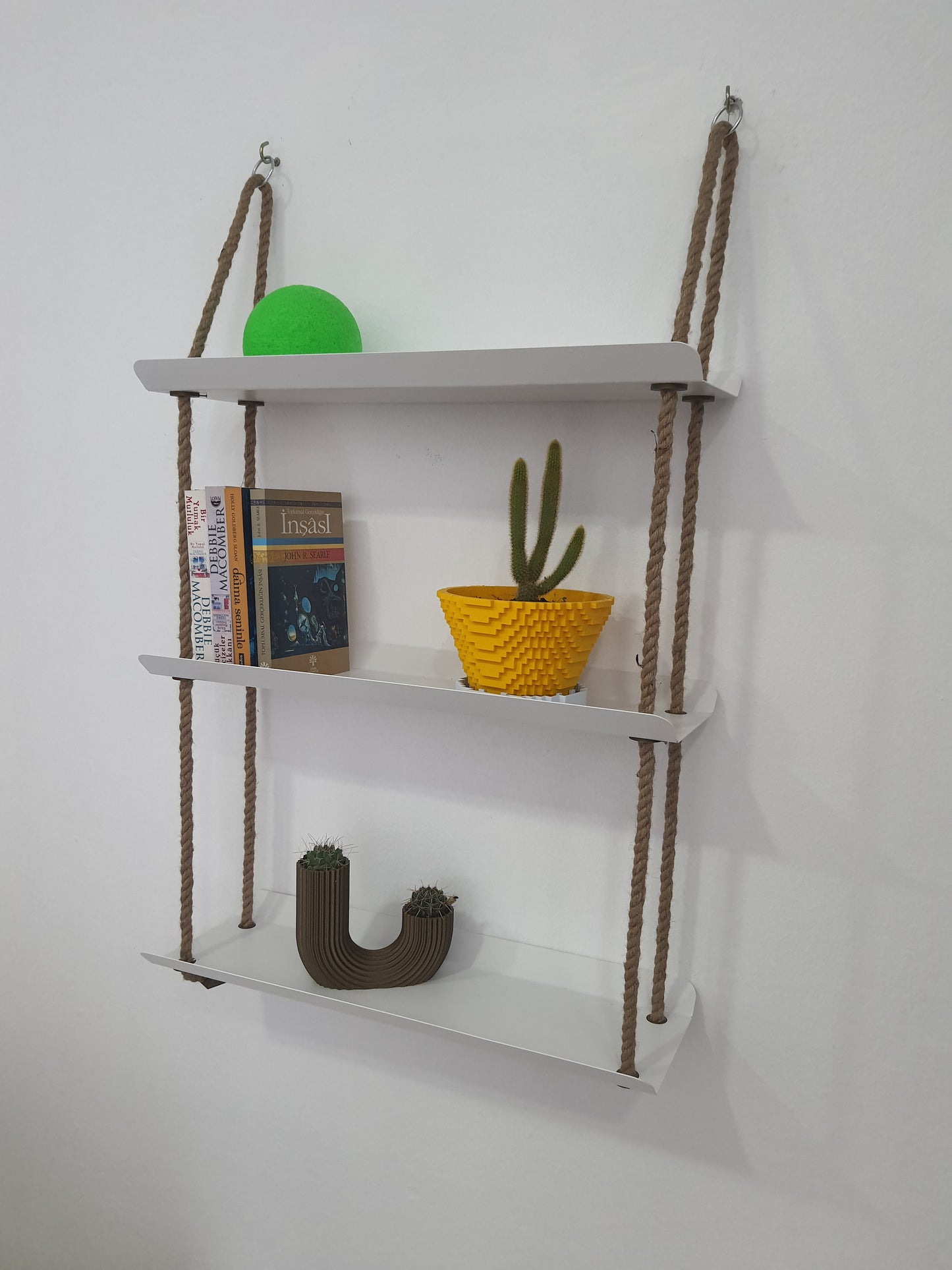 El Yapımı 3 Katlı Jüt Halatlı Asılı Metal Raf