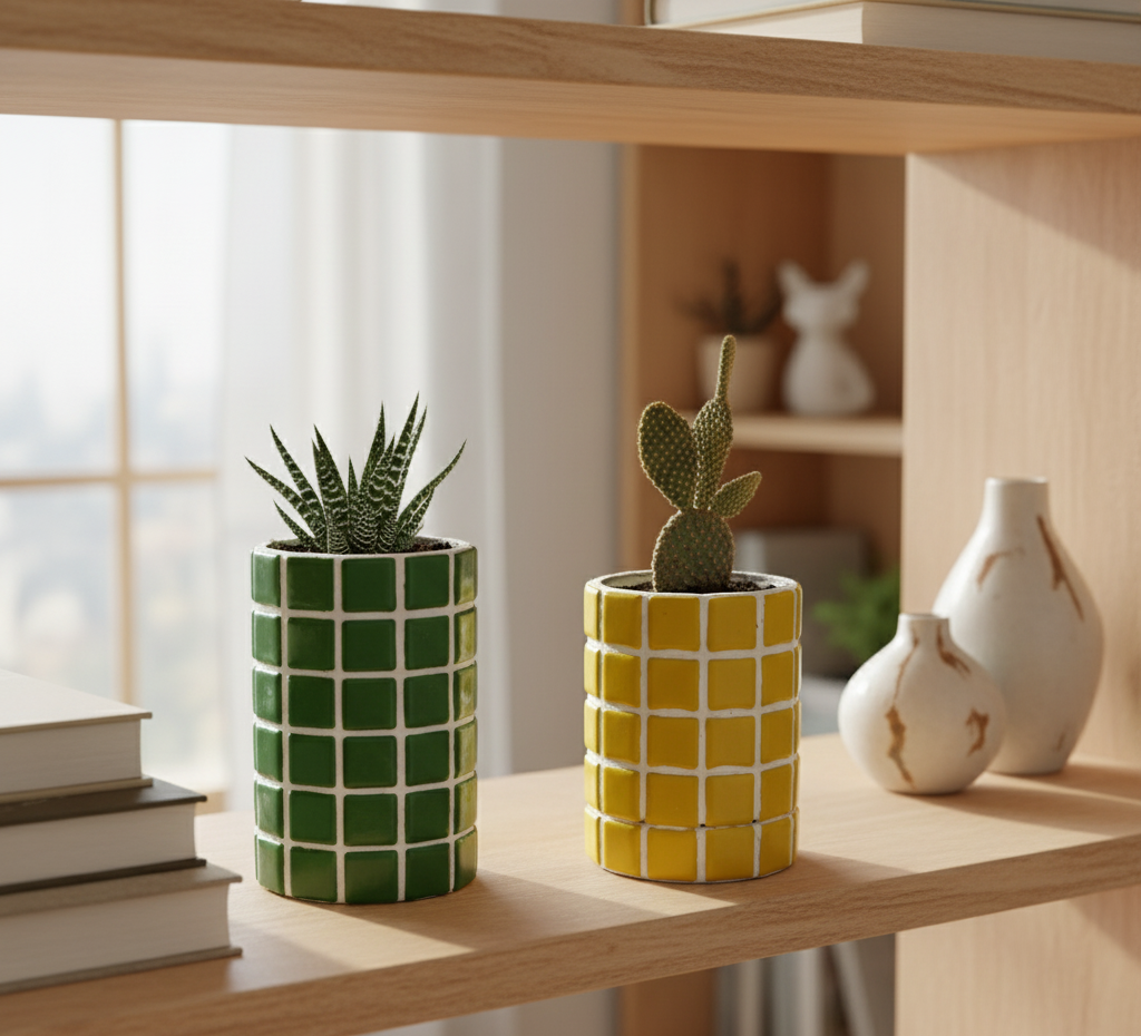 İkili El Yapımı Mozaik Saksı | Gizli Damla Tepsisi | Renkli Dekoratif Saksı