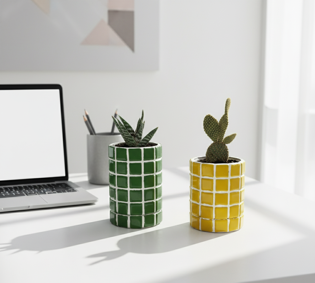 İkili El Yapımı Mozaik Saksı | Gizli Damla Tepsisi | Renkli Dekoratif Saksı