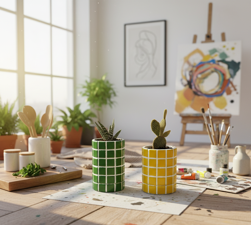 İkili El Yapımı Mozaik Saksı | Gizli Damla Tepsisi | Renkli Dekoratif Saksı