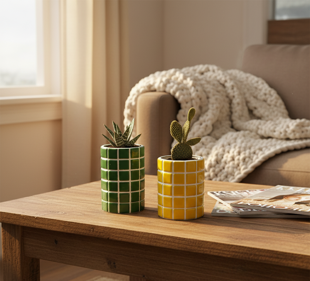 İkili El Yapımı Mozaik Saksı | Gizli Damla Tepsisi | Renkli Dekoratif Saksı