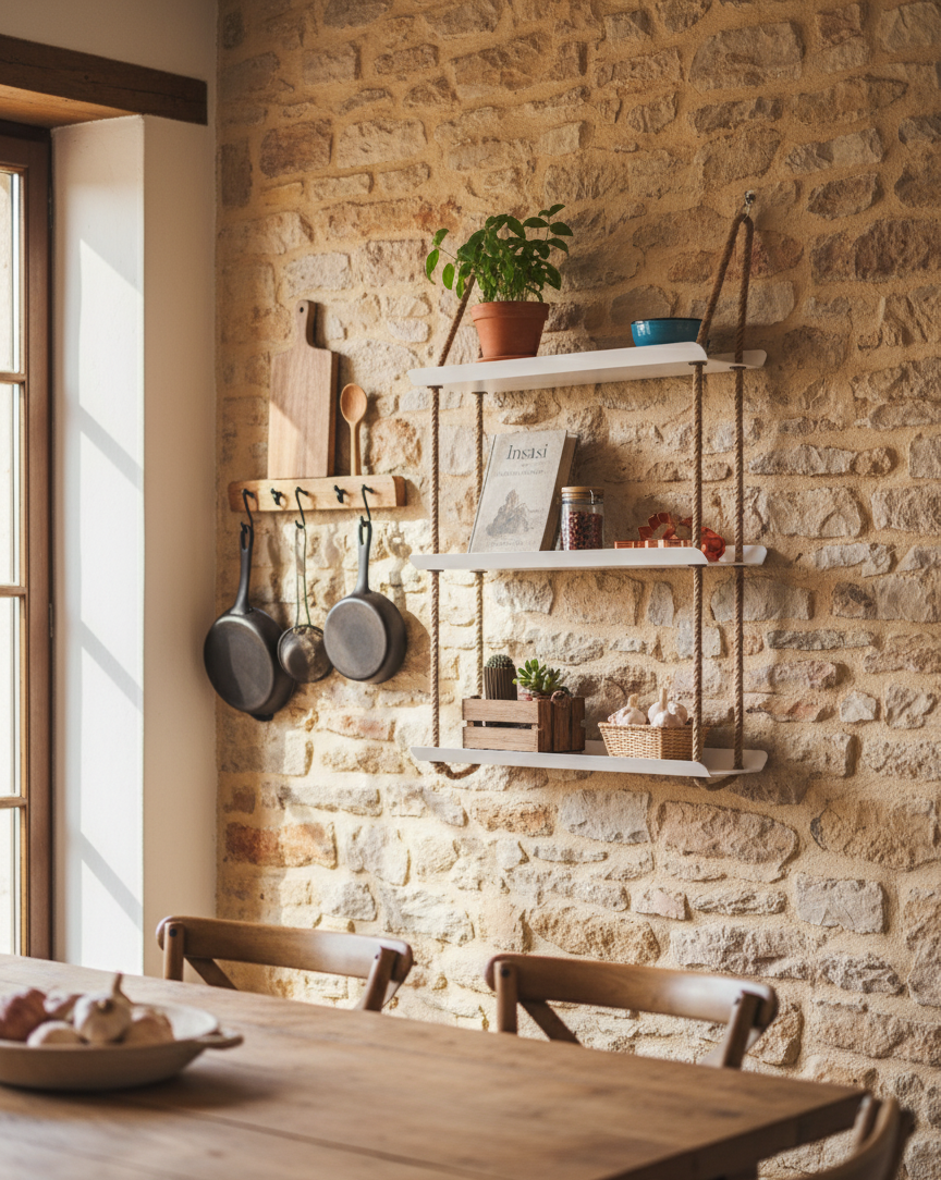 El Yapımı 3 Katlı Jüt Halatlı Asılı Metal Raf