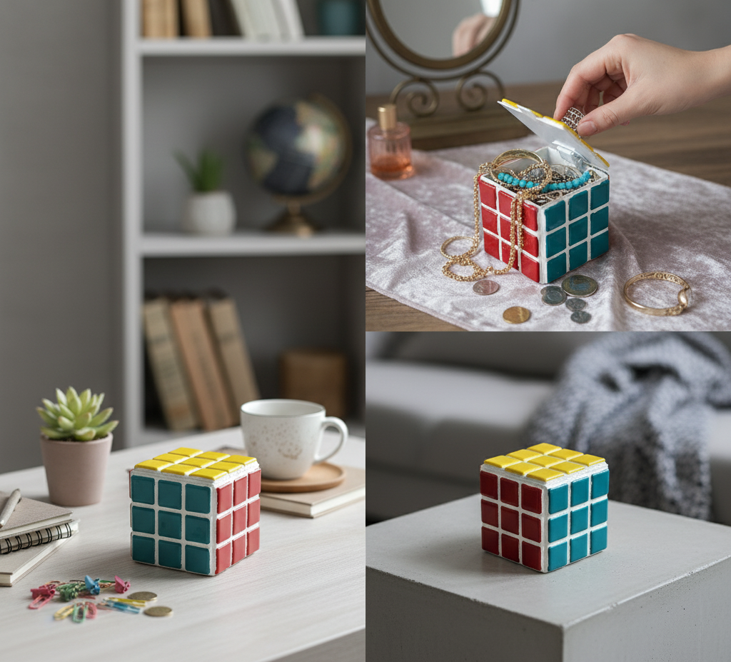 El Yapımı Mozaik Rubik Küp Kutusu – Mücevher & Hatıra Saklama