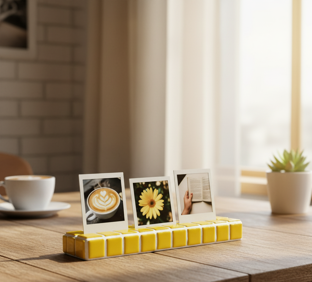 Tasarım El Yapımı Mozaik Fotoğraf Standı – Renkli Polaroid & Instax Sergileme