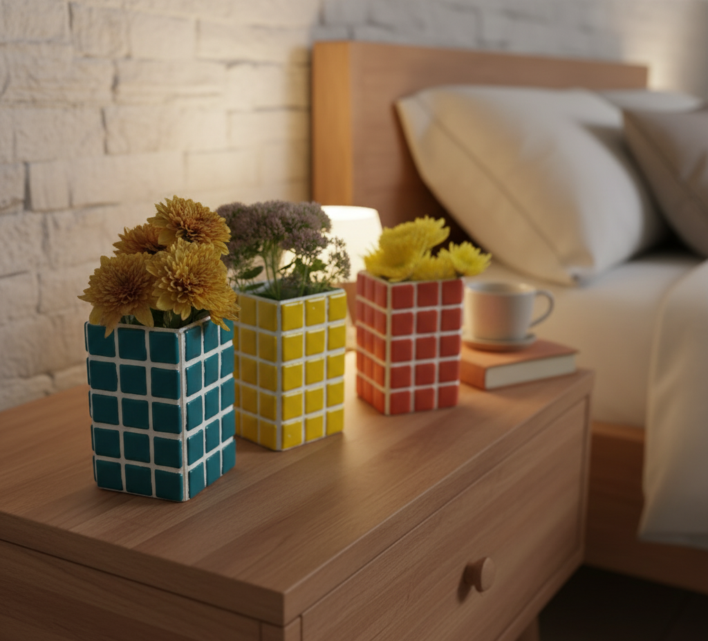 El Yapımı Mozaik Vazo – Renkli Geometrik Desenli Vazo