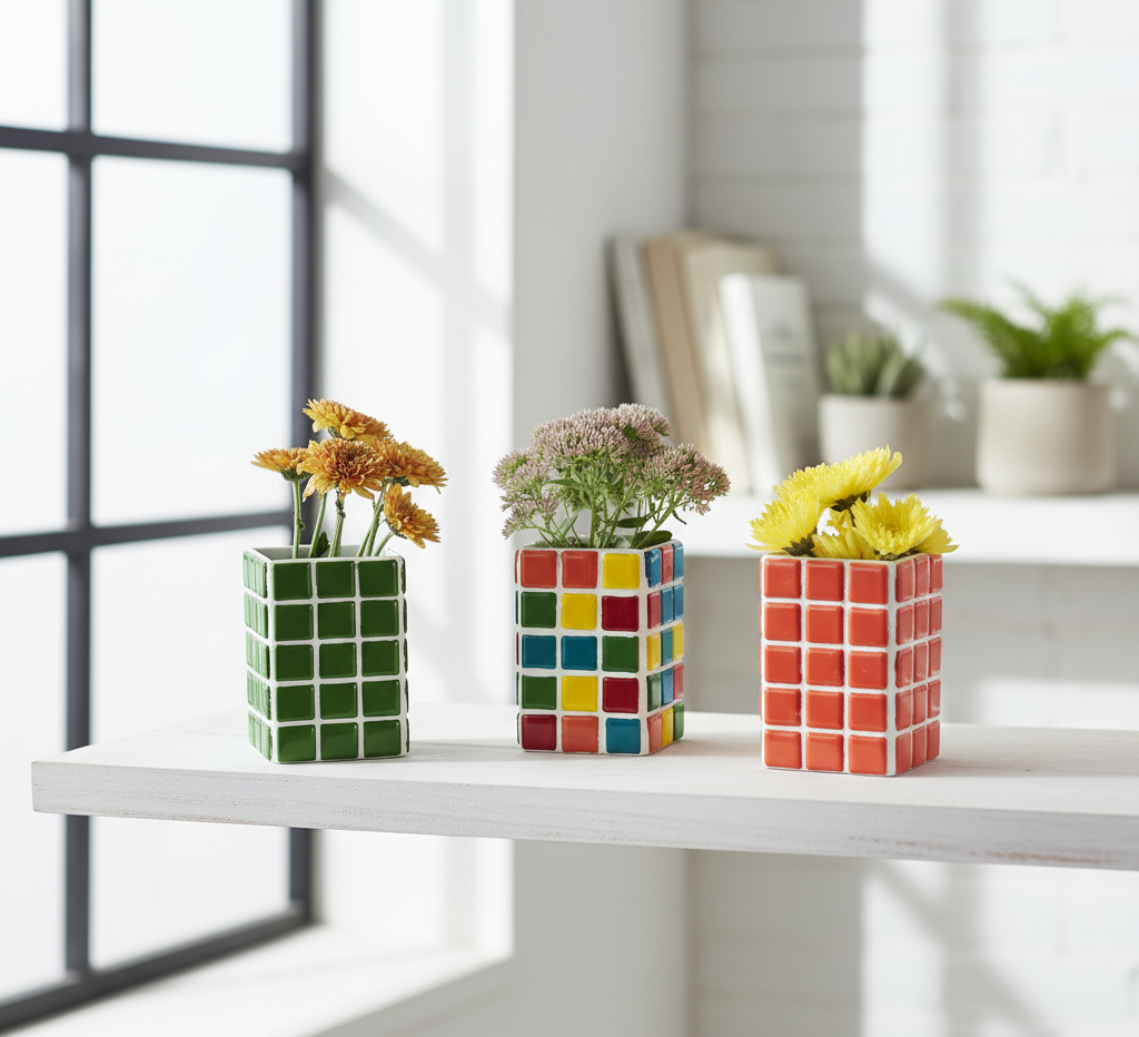 El Yapımı Mozaik Vazo – Renkli Geometrik Desenli Vazo