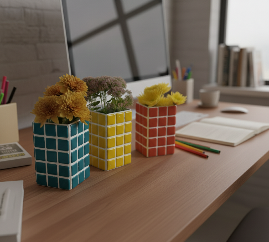 El Yapımı Mozaik Vazo – Renkli Geometrik Desenli Vazo