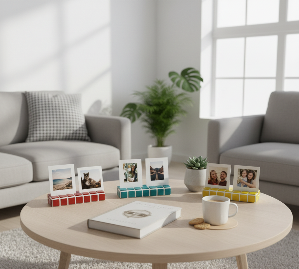 Tasarım El Yapımı Mozaik Fotoğraf Standı – Renkli Polaroid & Instax Sergileme