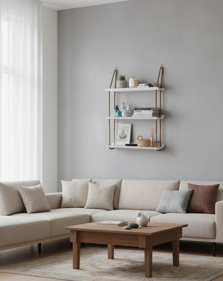 El Yapımı 3 Katlı Jüt Halatlı Asılı Metal Raf