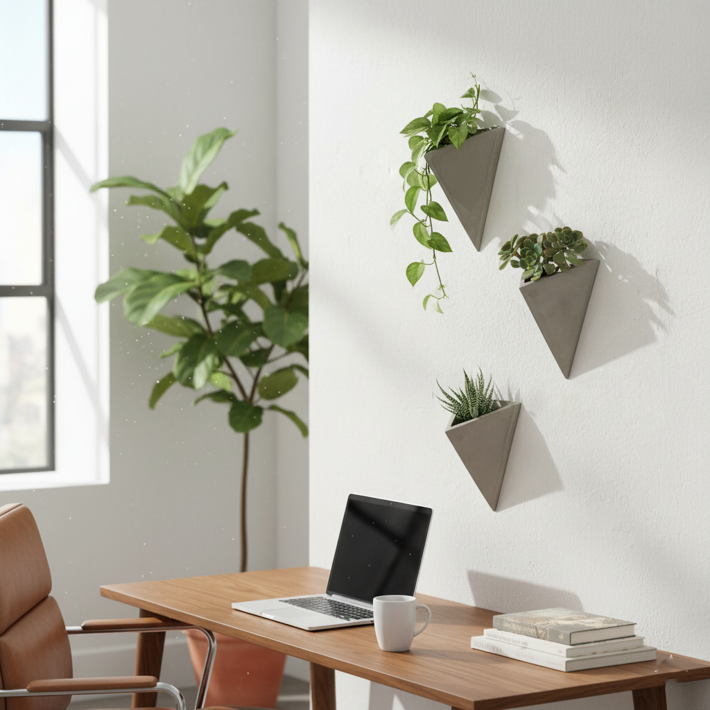 Üçlü Üçgen Beton Duvar Saksısı – Su Hazneli Modern Duvar Dekoru 20x25 cm