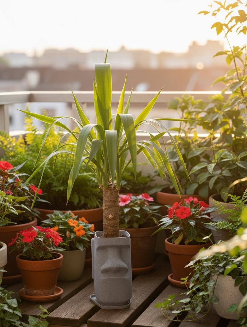 Moai Kafası Saksı – Gizli Damlama Tepsili Modern Yüz Çiçeklik