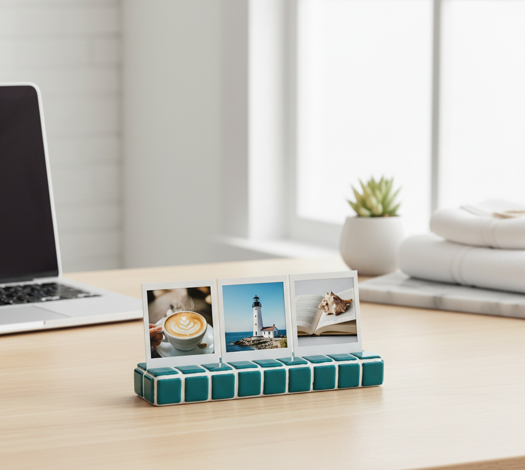 Tasarım El Yapımı Mozaik Fotoğraf Standı – Renkli Polaroid & Instax Sergileme