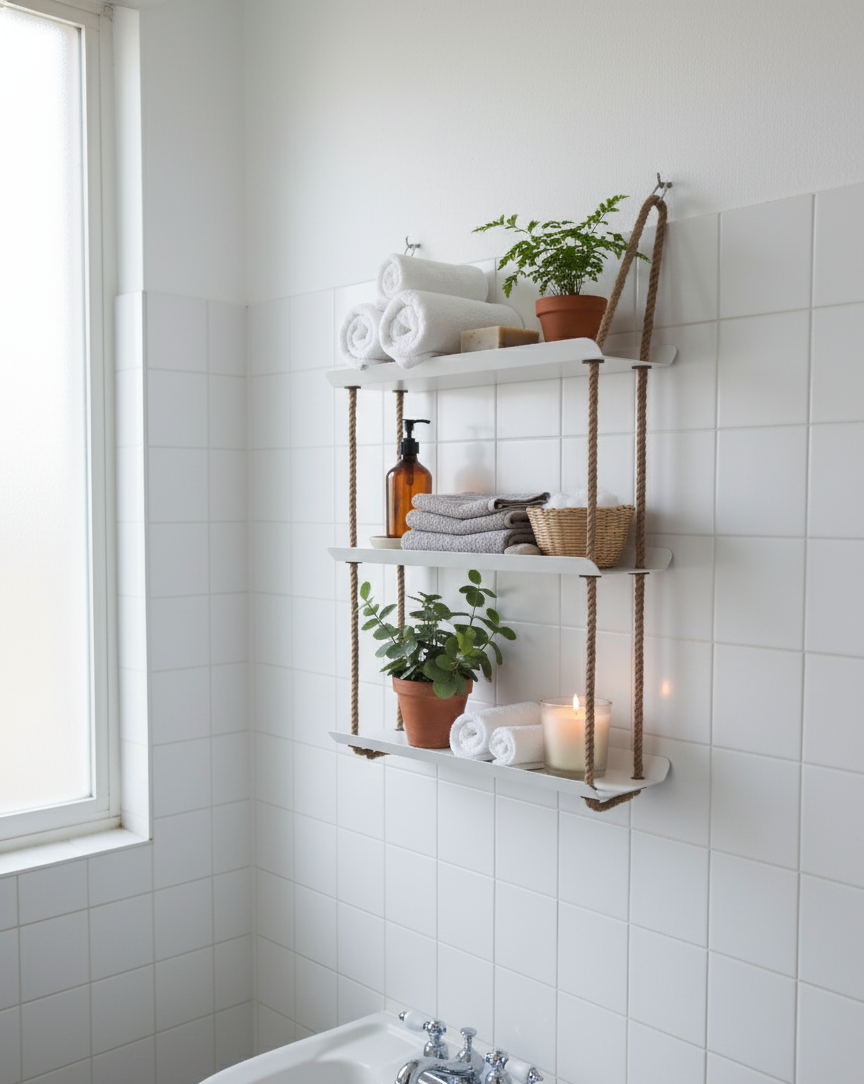 El Yapımı 3 Katlı Jüt Halatlı Asılı Metal Raf