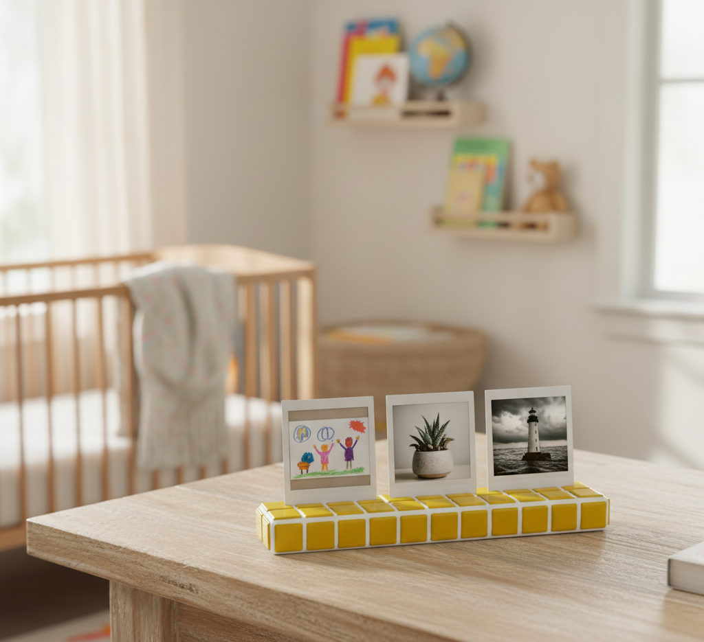 Tasarım El Yapımı Mozaik Fotoğraf Standı – Renkli Polaroid & Instax Sergileme