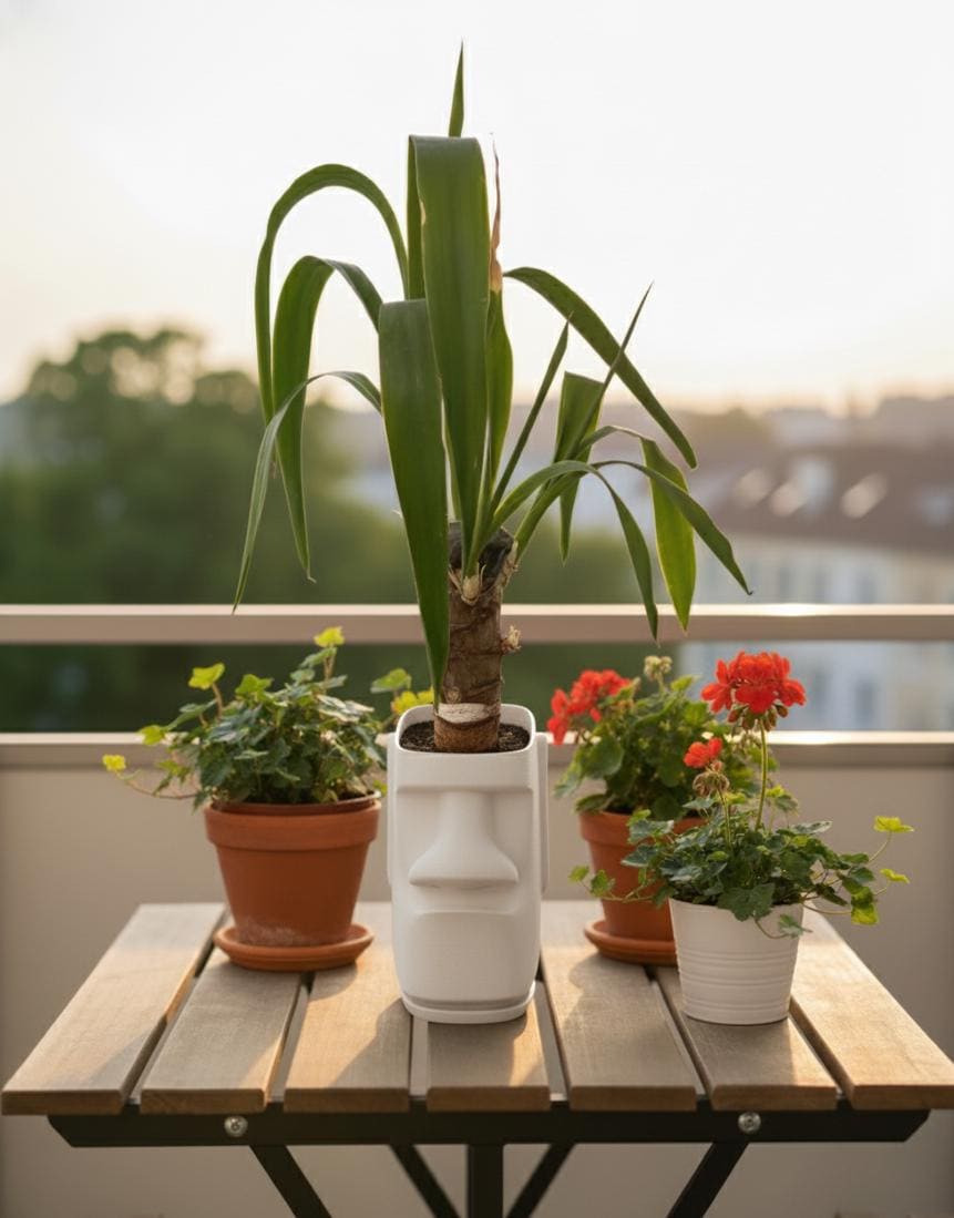 Moai Kafası Saksı – Gizli Damlama Tepsili Modern Yüz Çiçeklik