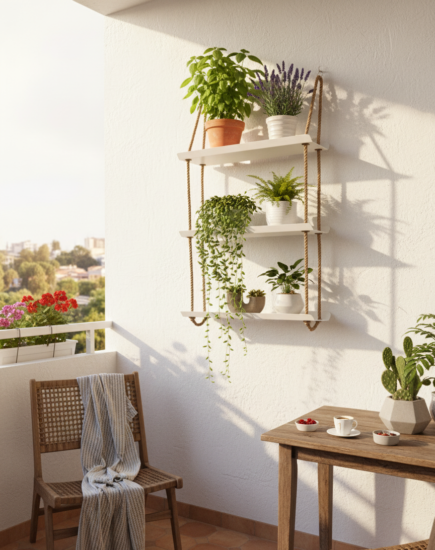 El Yapımı 3 Katlı Jüt Halatlı Asılı Metal Raf