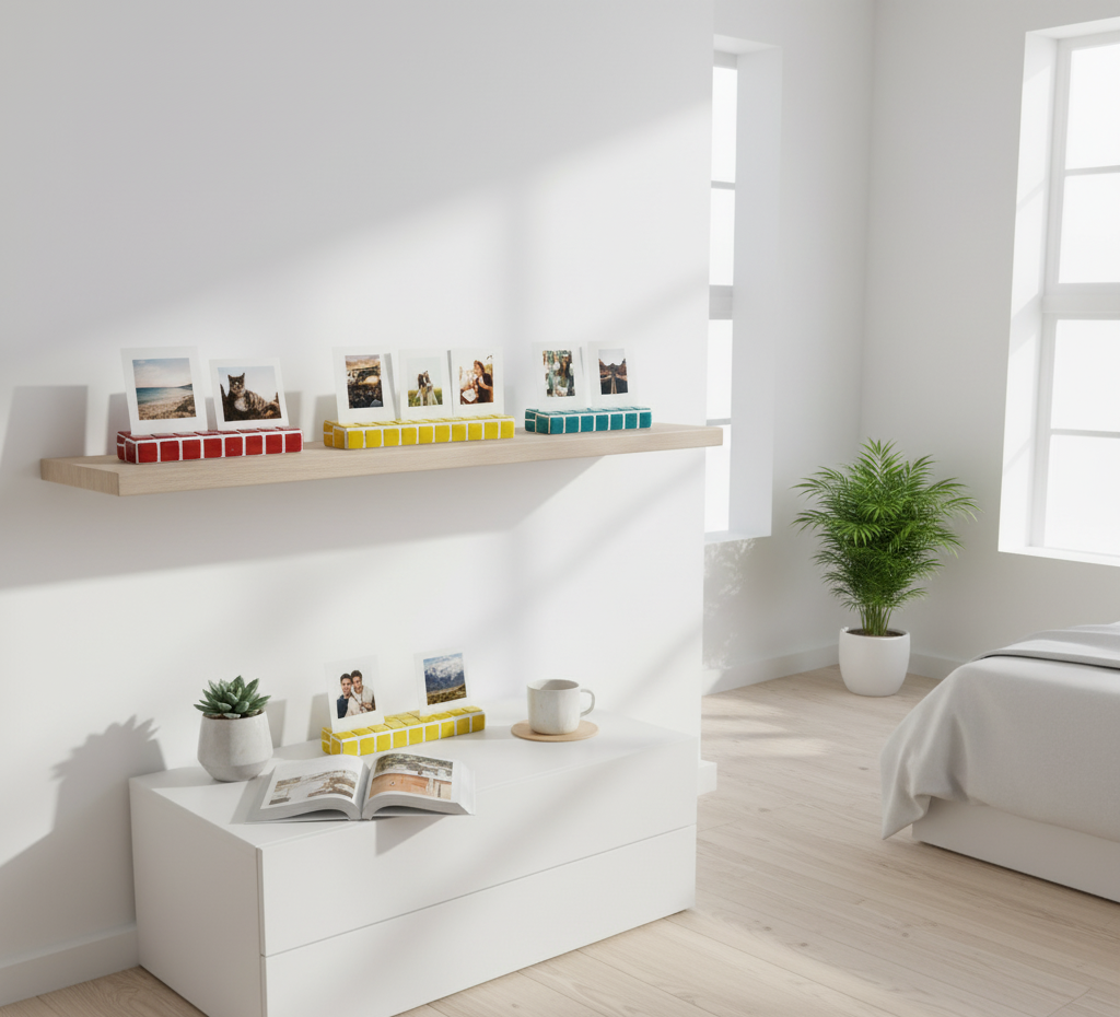 Tasarım El Yapımı Mozaik Fotoğraf Standı – Renkli Polaroid & Instax Sergileme