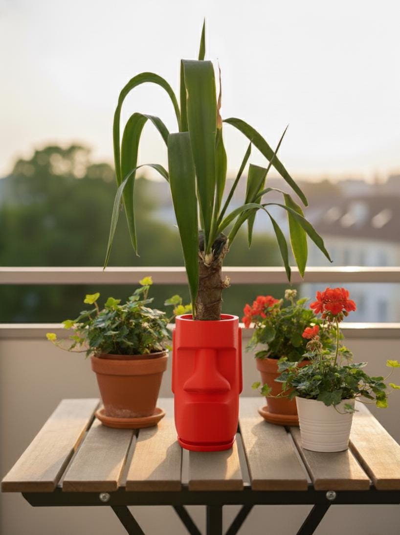 Moai Kafası Saksı – Gizli Damlama Tepsili Modern Yüz Çiçeklik