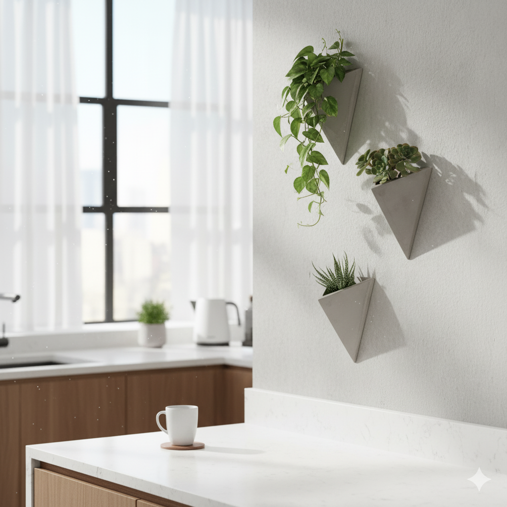 Üçlü Üçgen Beton Duvar Saksısı – Su Hazneli Modern Duvar Dekoru 20x25 cm