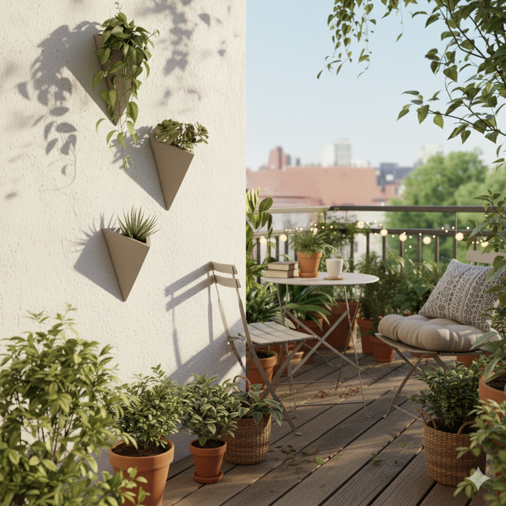 Üçlü Üçgen Beton Duvar Saksısı – Su Hazneli Modern Duvar Dekoru 20x25 cm