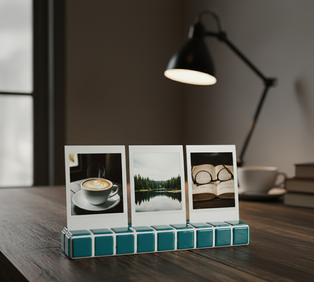Tasarım El Yapımı Mozaik Fotoğraf Standı – Renkli Polaroid & Instax Sergileme