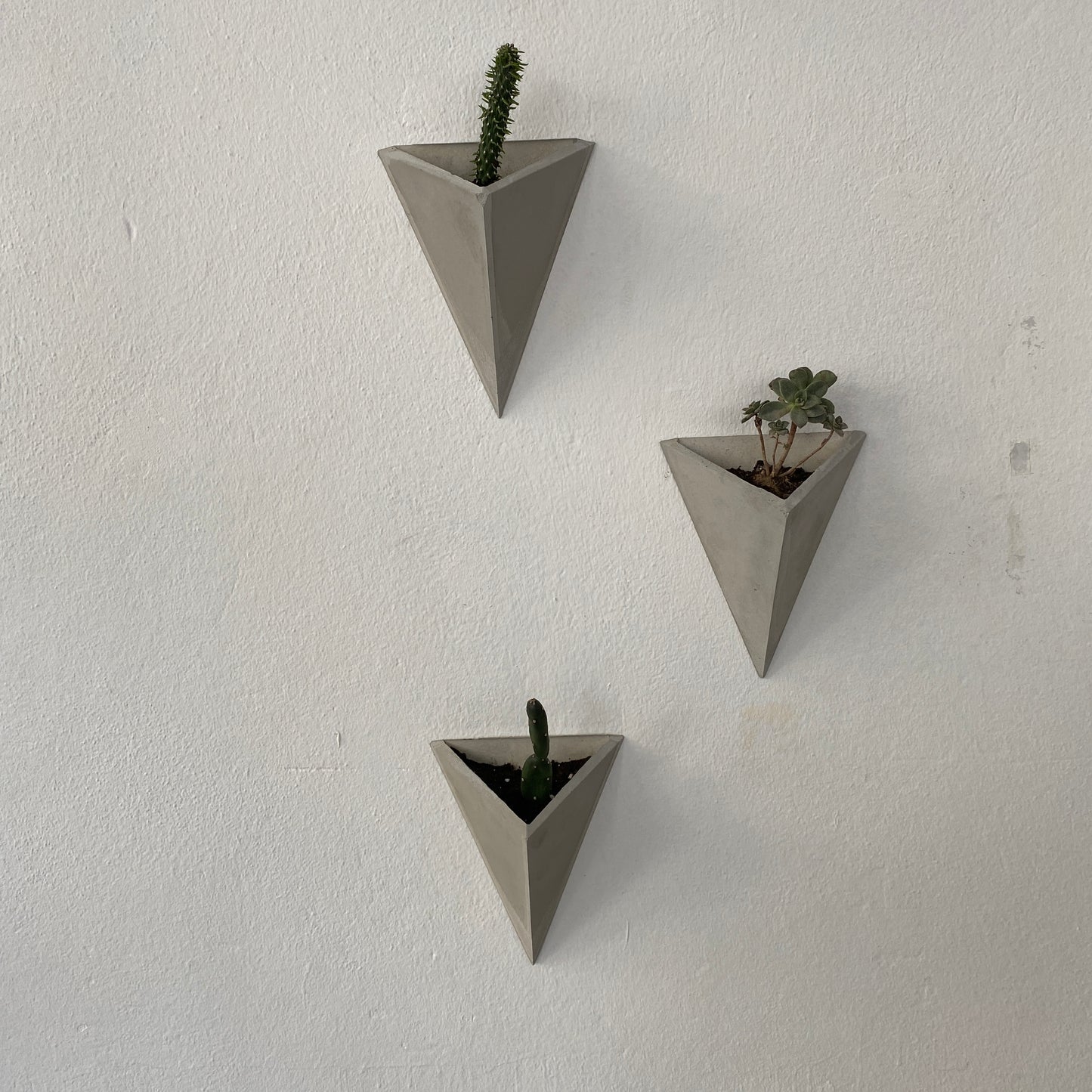 Üçlü Üçgen Beton Duvar Saksısı – Su Hazneli Modern Duvar Dekoru 20x25 cm