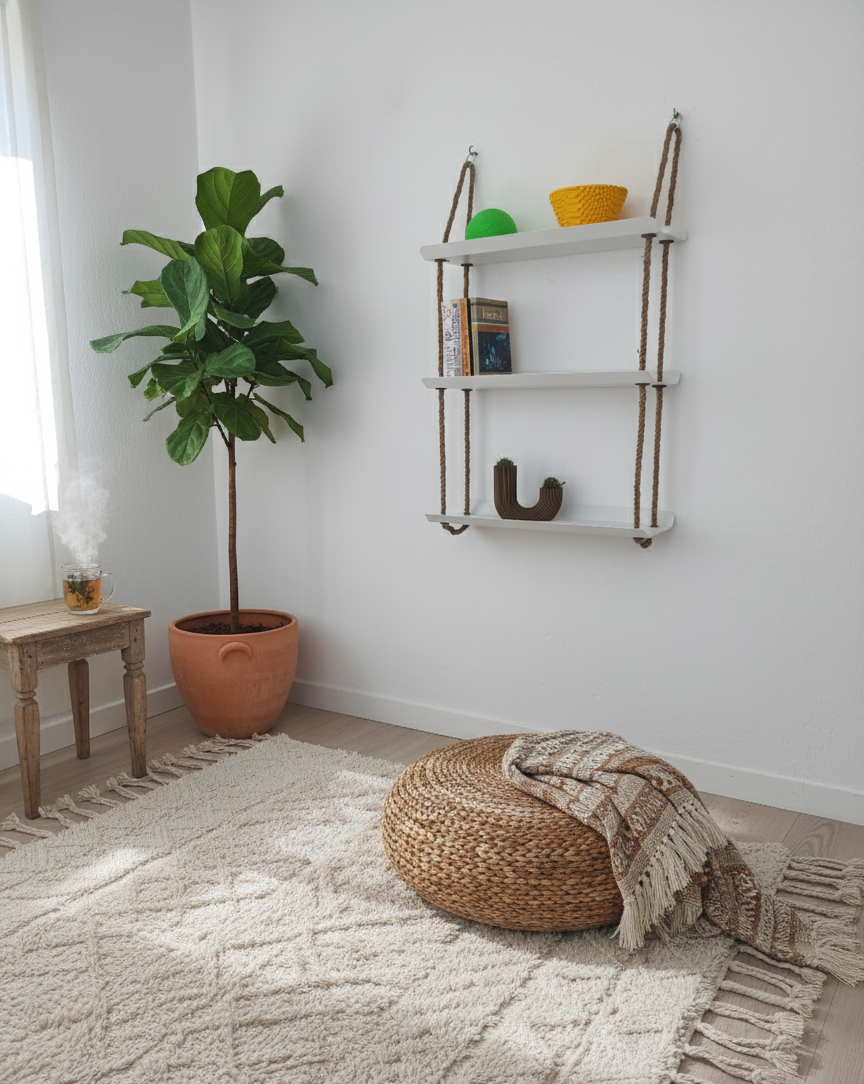 El Yapımı 3 Katlı Jüt Halatlı Asılı Metal Raf