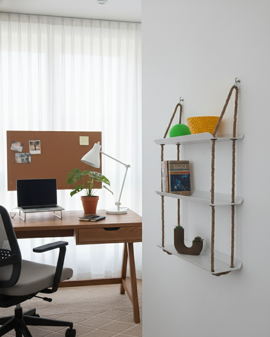 El Yapımı 3 Katlı Jüt Halatlı Asılı Metal Raf