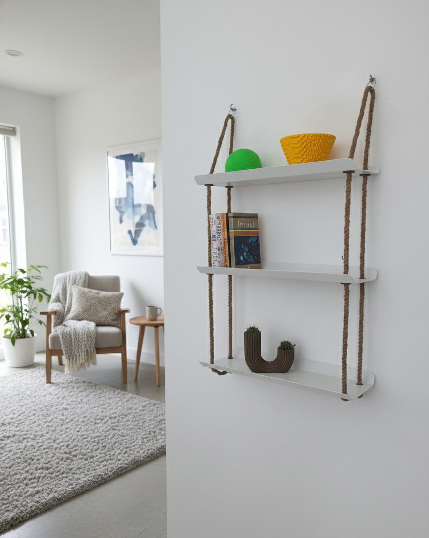 El Yapımı 3 Katlı Jüt Halatlı Asılı Metal Raf