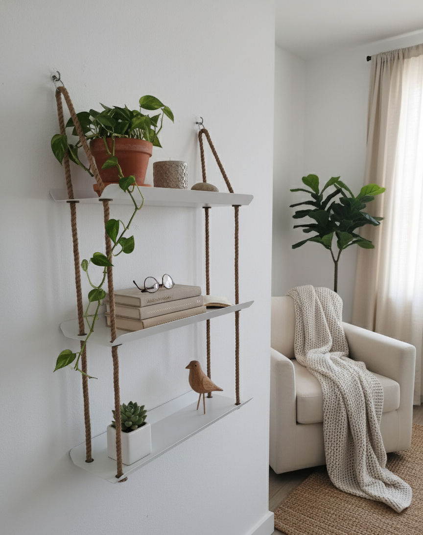 El Yapımı 3 Katlı Jüt Halatlı Asılı Metal Raf