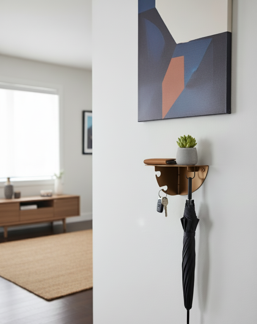 Modern Metal Duvar Rafı Askılıklı – Giriş Holü & Antre Düzenleyici - Anahtarlık