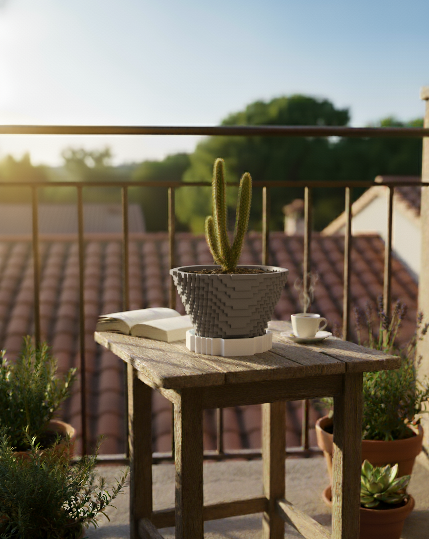 Pixel Art Saksı – 3D Baskı PLA Kaktüs & Sukulent Saksısı (Drenaj Tablalı)