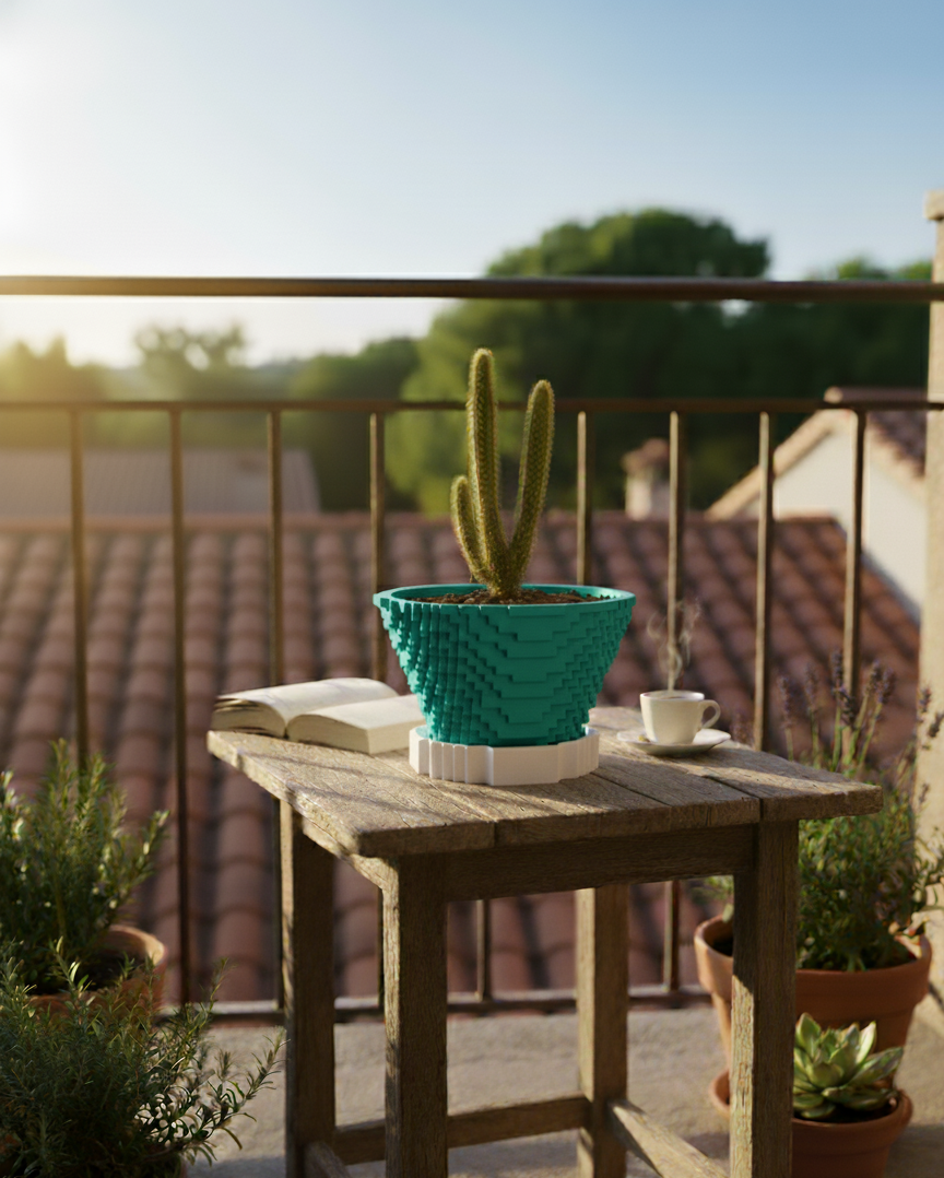 Pixel Art Saksı – 3D Baskı PLA Kaktüs & Sukulent Saksısı (Drenaj Tablalı)