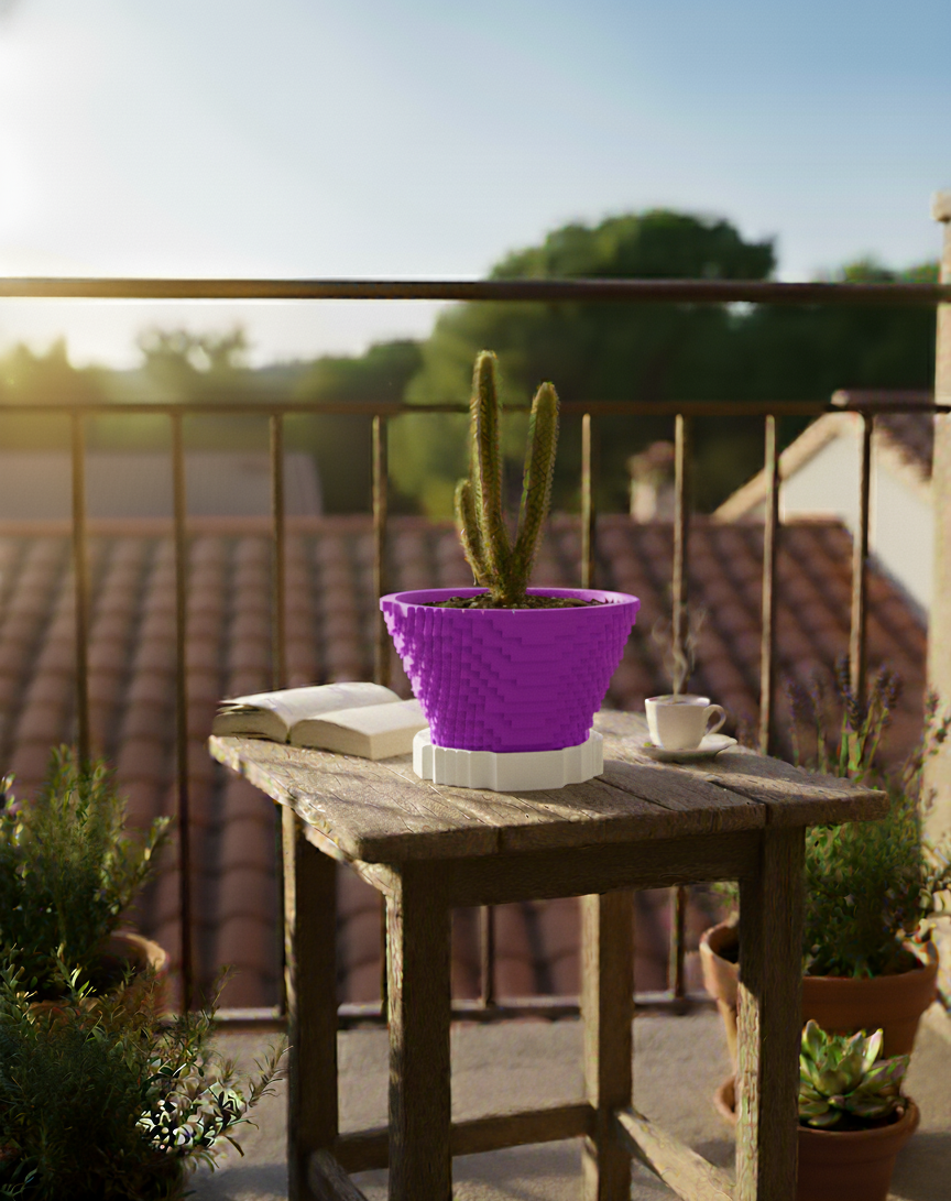 Pixel Art Saksı – 3D Baskı PLA Kaktüs & Sukulent Saksısı (Drenaj Tablalı)