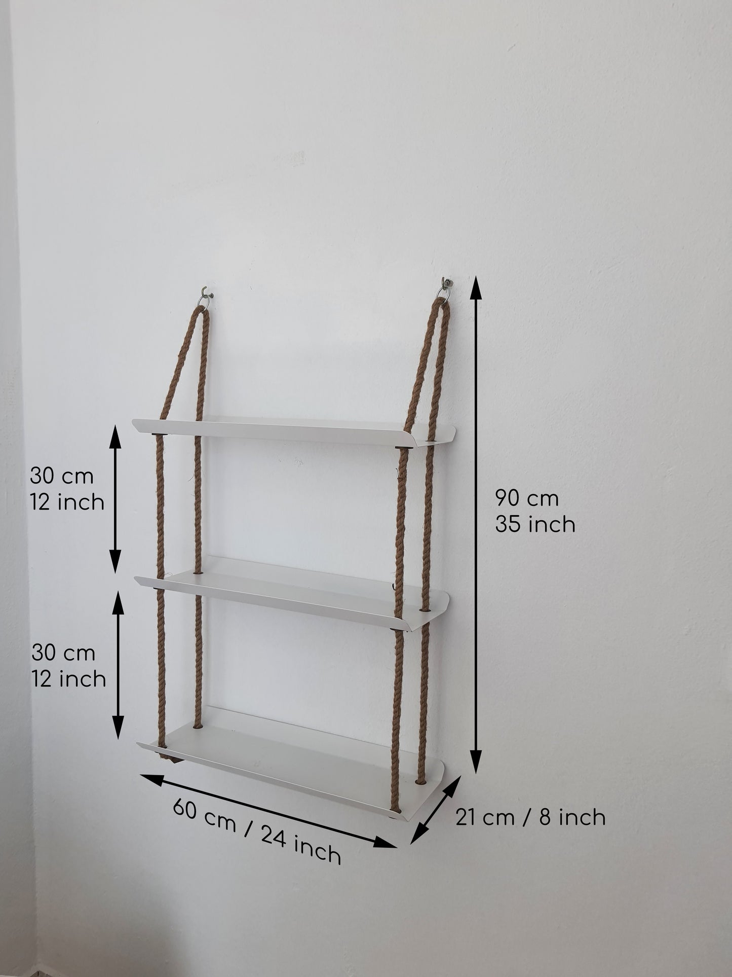 El Yapımı 3 Katlı Jüt Halatlı Asılı Metal Raf