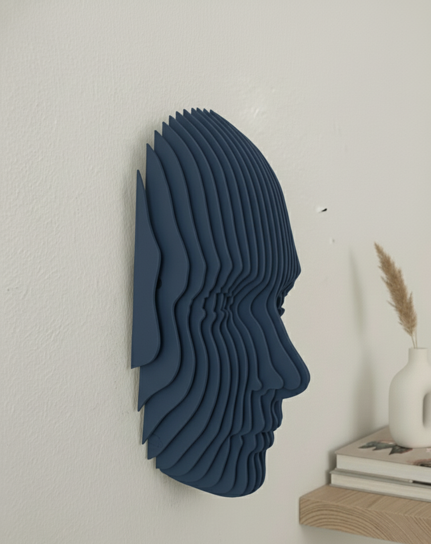 Parametrik Ahşap Yüz Duvar Dekoru – 3D Katmanlı Geometrik | Modern El Yapımı Duvar Sanatı