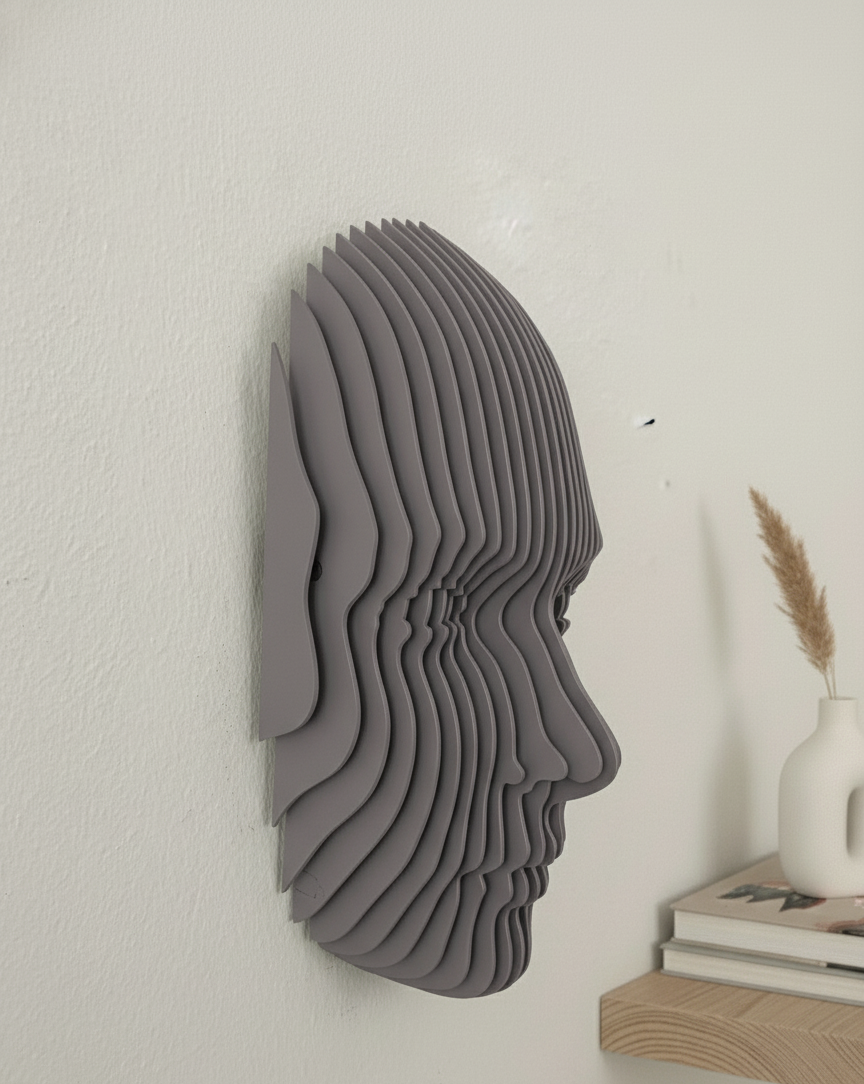 Parametrik Ahşap Yüz Duvar Dekoru – 3D Katmanlı Geometrik | Modern El Yapımı Duvar Sanatı