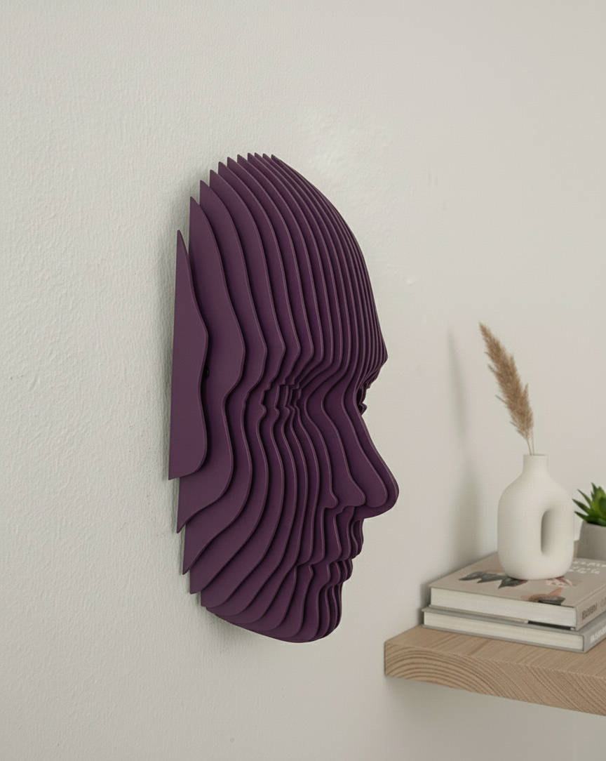 Parametrik Ahşap Yüz Duvar Dekoru – 3D Katmanlı Geometrik | Modern El Yapımı Duvar Sanatı