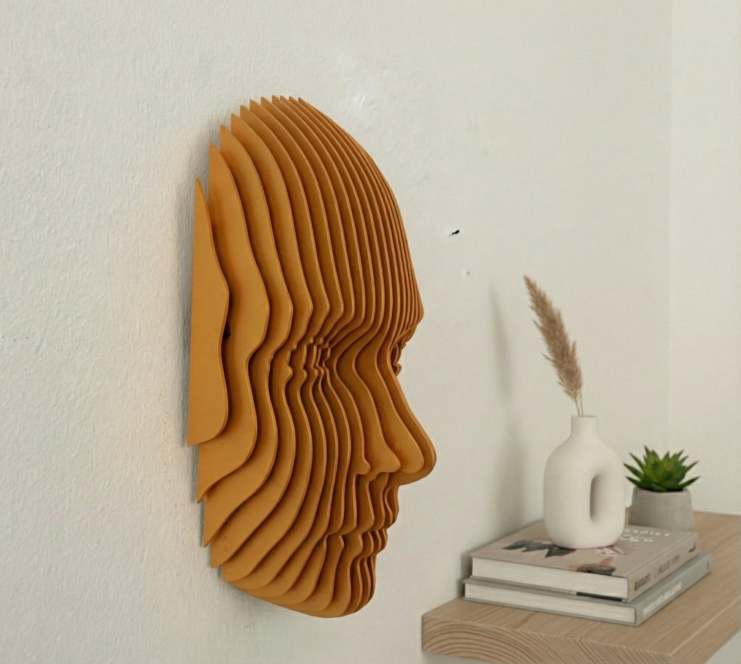 Parametrik Ahşap Yüz Duvar Dekoru – 3D Katmanlı Geometrik | Modern El Yapımı Duvar Sanatı