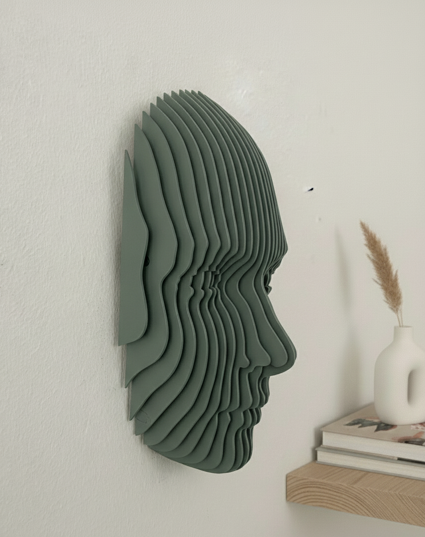 Parametrik Ahşap Yüz Duvar Dekoru – 3D Katmanlı Geometrik | Modern El Yapımı Duvar Sanatı