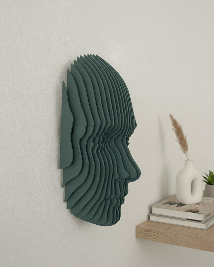 Parametrik Ahşap Yüz Duvar Dekoru – 3D Katmanlı Geometrik | Modern El Yapımı Duvar Sanatı